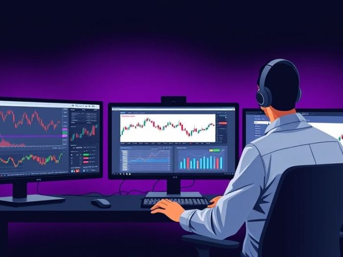 {"prompt":"create no text flat illustration, Depict a professional day trading desk setup with multiple monitors. Background: electric purple or black. Show monitors with charts, keyboard, headphones, and a focused trader. ","originalPrompt":"create no text flat illustration, Depict a professional day trading desk setup with multiple monitors. Background: electric purple or black. Show monitors with charts, keyboard, headphones, and a focused trader. ","width":1024,"height":576,"seed":42,"model":"flux","enhance":false,"nologo":true,"negative_prompt":"worst quality, blurry","nofeed":false,"safe":false,"isMature":false,"isChild":false}