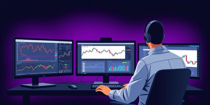 {"prompt":"create no text flat illustration, Depict a professional day trading desk setup with multiple monitors. Background: electric purple or black. Show monitors with charts, keyboard, headphones, and a focused trader. ","originalPrompt":"create no text flat illustration, Depict a professional day trading desk setup with multiple monitors. Background: electric purple or black. Show monitors with charts, keyboard, headphones, and a focused trader. ","width":1024,"height":576,"seed":42,"model":"flux","enhance":false,"nologo":true,"negative_prompt":"worst quality, blurry","nofeed":false,"safe":false,"isMature":false,"isChild":false}