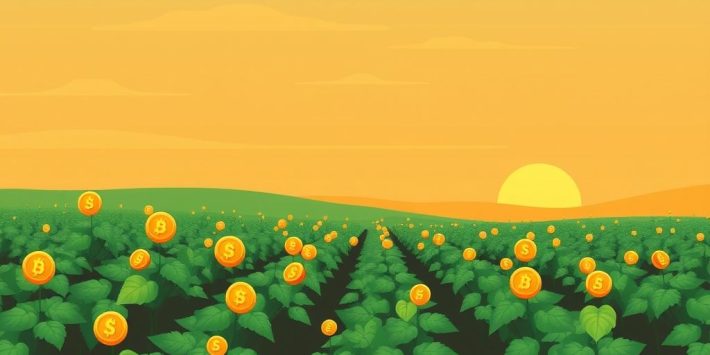 {"prompt":"create no text flat illustration, Flat illustration for DeFi yield farming. Use organic green or sunset orange. Show a farm with digital coins sprouting or growing on vines. Symbolic only -- no text.","originalPrompt":"create no text flat illustration, Flat illustration for DeFi yield farming. Use organic green or sunset orange. Show a farm with digital coins sprouting or growing on vines. Symbolic only -- no text.","width":1024,"height":576,"seed":42,"model":"flux","enhance":false,"nologo":true,"negative_prompt":"worst quality, blurry","nofeed":false,"safe":false,"isMature":false,"isChild":false}