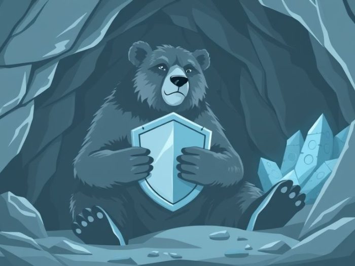 {"prompt":"create no text flat illustration, Illustrate surviving a crypto bear market. Use cold gray or icy blue. Show a bear with a shielded wallet or investor in a cave protecting assets. All visual metaphor -- no wording.","originalPrompt":"create no text flat illustration, Illustrate surviving a crypto bear market. Use cold gray or icy blue. Show a bear with a shielded wallet or investor in a cave protecting assets. All visual metaphor -- no wording.","width":1024,"height":576,"seed":42,"model":"flux","enhance":false,"nologo":true,"negative_prompt":"worst quality, blurry","nofeed":false,"safe":false,"isMature":false,"isChild":false}
