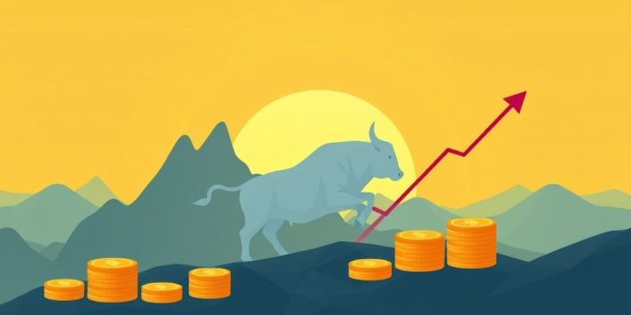 {"prompt":"create no text flat illustration, Depict early signs of the next crypto bull run. Background: sunrise yellow or sky blue. Use charts rising, bull icon emerging, and coins accelerating. No words.","originalPrompt":"create no text flat illustration, Depict early signs of the next crypto bull run. Background: sunrise yellow or sky blue. Use charts rising, bull icon emerging, and coins accelerating. No words.","width":1024,"height":576,"seed":42,"model":"flux","enhance":false,"nologo":true,"negative_prompt":"worst quality, blurry","nofeed":false,"safe":false,"isMature":false,"isChild":false}