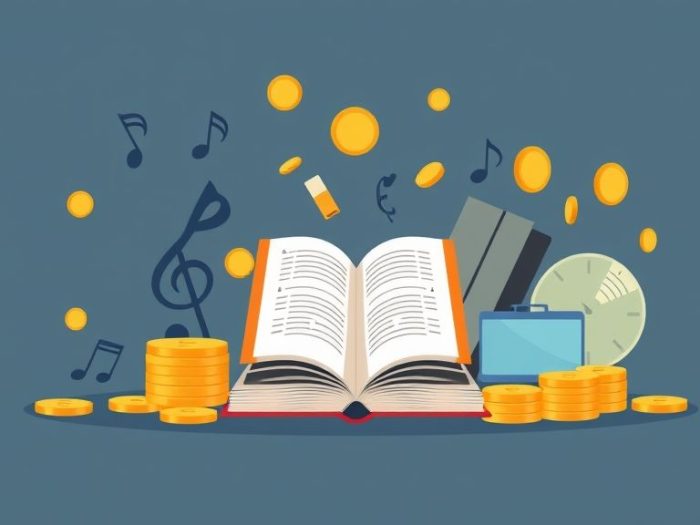 {"prompt":"create no text flat illustration, Visualize royalty income from intellectual property. Music notes, books, and icons for digital licensing with coin drops. Background: gold or slate blue. No text.","originalPrompt":"create no text flat illustration, Visualize royalty income from intellectual property. Music notes, books, and icons for digital licensing with coin drops. Background: gold or slate blue. No text.","width":1024,"height":576,"seed":42,"model":"flux","enhance":false,"nologo":true,"negative_prompt":"worst quality, blurry","nofeed":false,"safe":false,"isMature":false,"isChild":false}