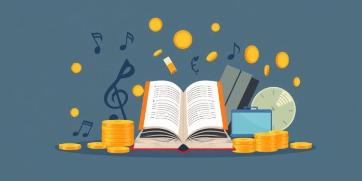{"prompt":"create no text flat illustration, Visualize royalty income from intellectual property. Music notes, books, and icons for digital licensing with coin drops. Background: gold or slate blue. No text.","originalPrompt":"create no text flat illustration, Visualize royalty income from intellectual property. Music notes, books, and icons for digital licensing with coin drops. Background: gold or slate blue. No text.","width":1024,"height":576,"seed":42,"model":"flux","enhance":false,"nologo":true,"negative_prompt":"worst quality, blurry","nofeed":false,"safe":false,"isMature":false,"isChild":false}