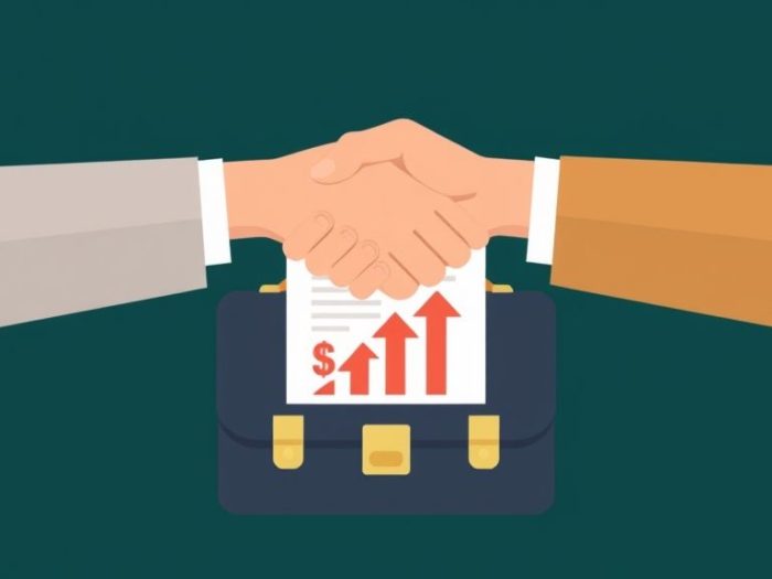 {"prompt":"create no text flat illustration, Visualize negotiating a salary increase. Two people shaking hands over a briefcase or contract with upward dollar icons. Background: navy or green. No text.","originalPrompt":"create no text flat illustration, Visualize negotiating a salary increase. Two people shaking hands over a briefcase or contract with upward dollar icons. Background: navy or green. No text.","width":1024,"height":576,"seed":42,"model":"flux","enhance":false,"nologo":true,"negative_prompt":"worst quality, blurry","nofeed":false,"safe":false,"isMature":false,"isChild":false}