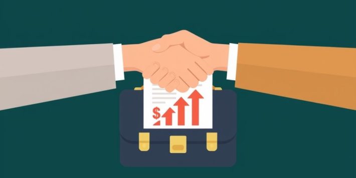{"prompt":"create no text flat illustration, Visualize negotiating a salary increase. Two people shaking hands over a briefcase or contract with upward dollar icons. Background: navy or green. No text.","originalPrompt":"create no text flat illustration, Visualize negotiating a salary increase. Two people shaking hands over a briefcase or contract with upward dollar icons. Background: navy or green. No text.","width":1024,"height":576,"seed":42,"model":"flux","enhance":false,"nologo":true,"negative_prompt":"worst quality, blurry","nofeed":false,"safe":false,"isMature":false,"isChild":false}