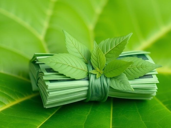 {"prompt":"create no text flat illustration, Show green bonds as investment vehicles. Bonds wrapped in leaves or emitting clean energy. Background: leaf green. No text. show financial symbols.","originalPrompt":"create no text flat illustration, Show green bonds as investment vehicles. Bonds wrapped in leaves or emitting clean energy. Background: leaf green. No text. show financial symbols.","width":1024,"height":576,"seed":42,"model":"flux","enhance":false,"nologo":true,"negative_prompt":"worst quality, blurry","nofeed":false,"safe":false,"isMature":false,"isChild":false}
