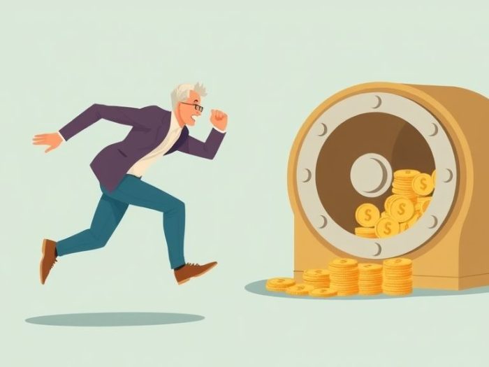 {"prompt":"create no text flat illustration, Show catching up on retirement savings after age 50. A mature person sprinting toward a growing coin vault. Background: mustard or sky blue. No text.","originalPrompt":"create no text flat illustration, Show catching up on retirement savings after age 50. A mature person sprinting toward a growing coin vault. Background: mustard or sky blue. No text.","width":1024,"height":576,"seed":42,"model":"flux","enhance":false,"nologo":true,"negative_prompt":"worst quality, blurry","nofeed":false,"safe":false,"isMature":false,"isChild":false}