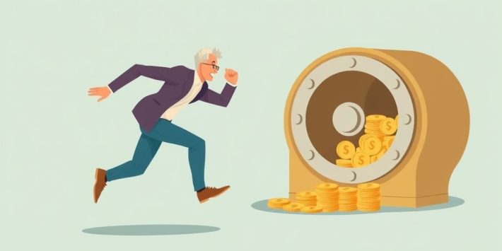 {"prompt":"create no text flat illustration, Show catching up on retirement savings after age 50. A mature person sprinting toward a growing coin vault. Background: mustard or sky blue. No text.","originalPrompt":"create no text flat illustration, Show catching up on retirement savings after age 50. A mature person sprinting toward a growing coin vault. Background: mustard or sky blue. No text.","width":1024,"height":576,"seed":42,"model":"flux","enhance":false,"nologo":true,"negative_prompt":"worst quality, blurry","nofeed":false,"safe":false,"isMature":false,"isChild":false}