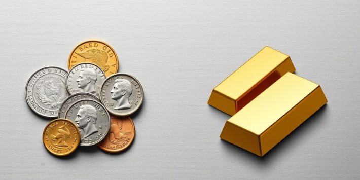 {"prompt":"create no text flat illustration, Compare rare coins vs. precious metals. A split layout with coins on one side and gold/silver bars on the other. Background: metallic gray. No text.","originalPrompt":"create no text flat illustration, Compare rare coins vs. precious metals. A split layout with coins on one side and gold/silver bars on the other. Background: metallic gray. No text.","width":1024,"height":576,"seed":42,"model":"flux","enhance":false,"nologo":true,"negative_prompt":"worst quality, blurry","nofeed":false,"safe":false,"isMature":false,"isChild":false}