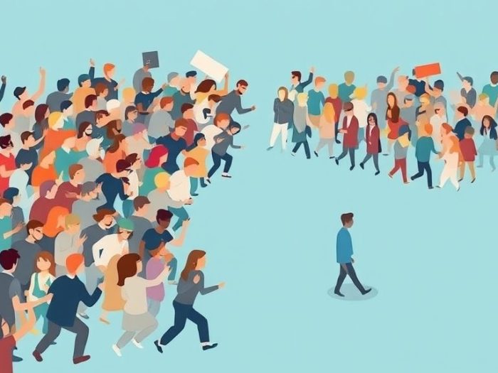 {"prompt":"create no text flat illustration, Compare herd mentality vs. contrarian thinking. Crowd charging one way, lone figure calmly choosing another. Background: soft blue. No text.","originalPrompt":"create no text flat illustration, Compare herd mentality vs. contrarian thinking. Crowd charging one way, lone figure calmly choosing another. Background: soft blue. No text.","width":1024,"height":576,"seed":42,"model":"flux","enhance":false,"nologo":true,"negative_prompt":"worst quality, blurry","nofeed":false,"safe":false,"isMature":false,"isChild":false}